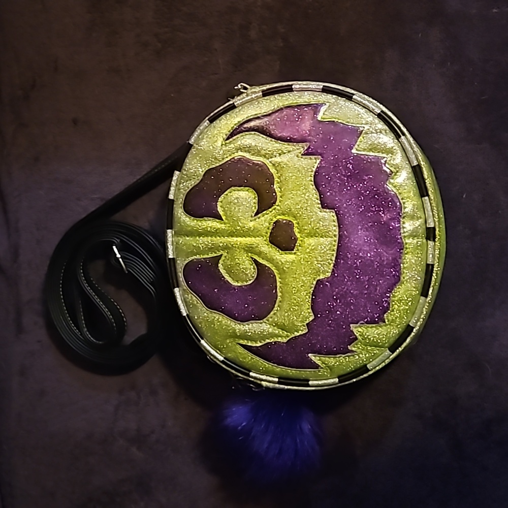 Love Pain and Stitches Pumpkin Kult Monster Posse Green Purple Glitter Purse